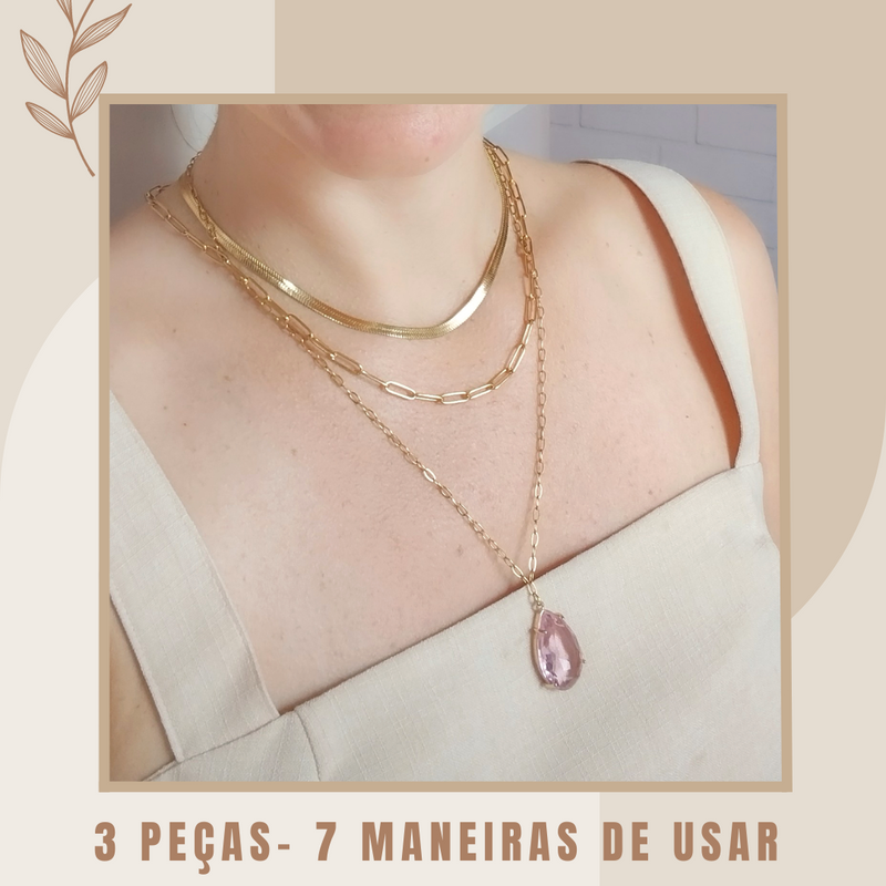 Mix Colar e Brincos Gota + Chocker Clipe + Chocker Fita (4 peças)